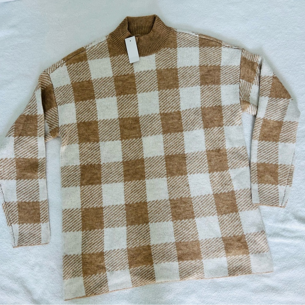 LOFT Camel Plaid Sweater Large Cozy Fall Winter Soft Knit